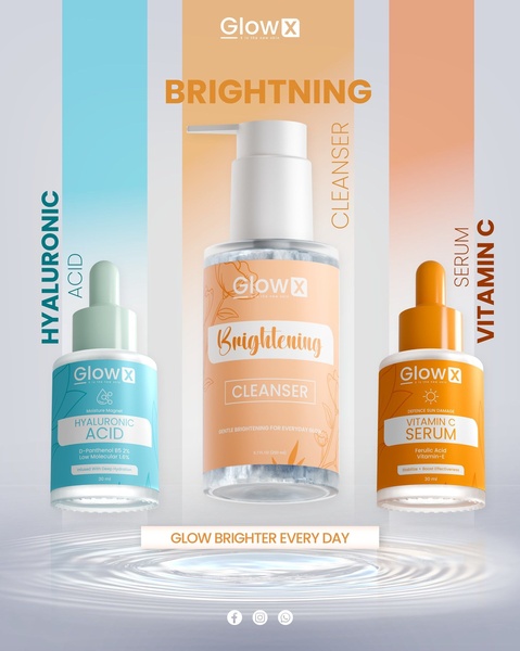 A vertical 4:5 ad layout showcasing three distinct skincare products against color-coordinated backgrounds to communicate a comprehensive routine.